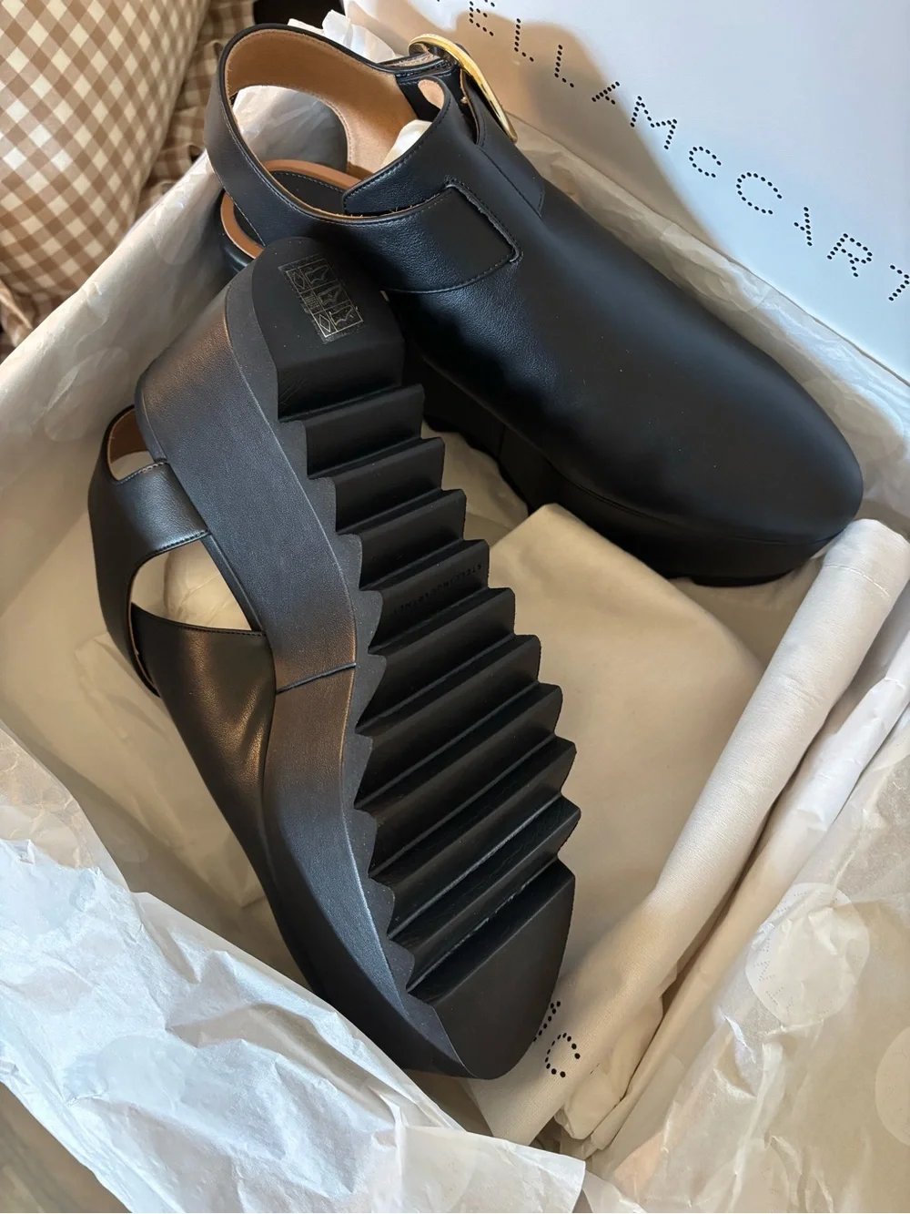 Stella McCartney Black Platform Sandals with Gold Buckle Accent